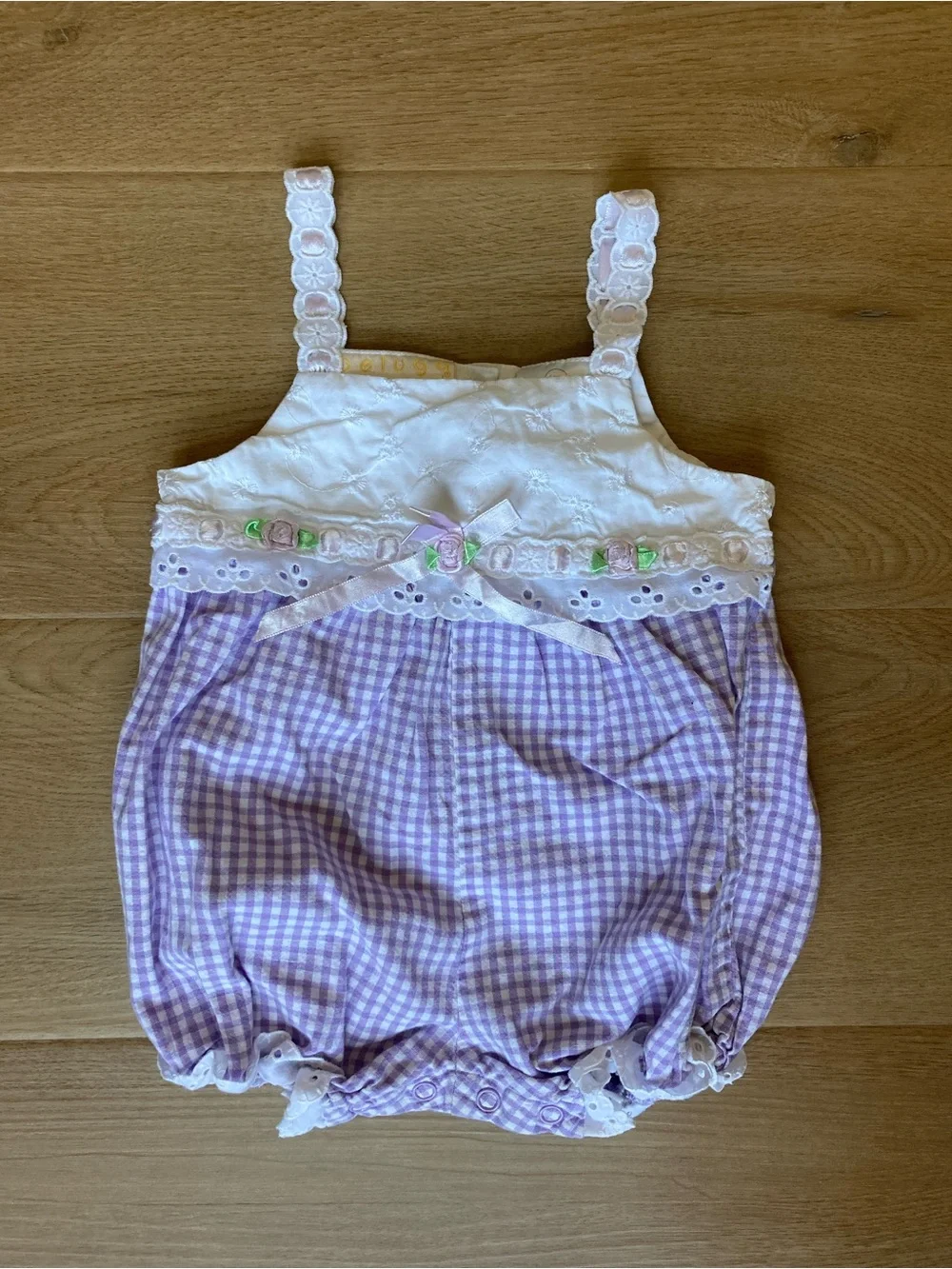 Vintage White and Lavender Gingham Baby Romper with Lace Trim 12m